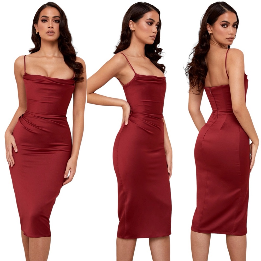 House of CB London Anja Satin Corset Midi Dress in Wine